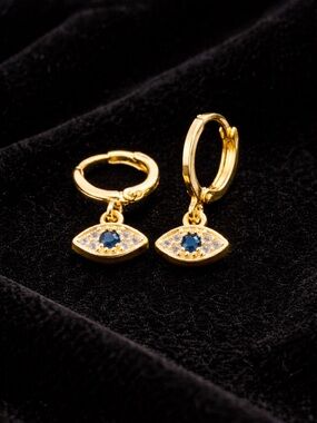 Gold Huggie Evil Eye Earrings with Blue Crystal Eye Charm